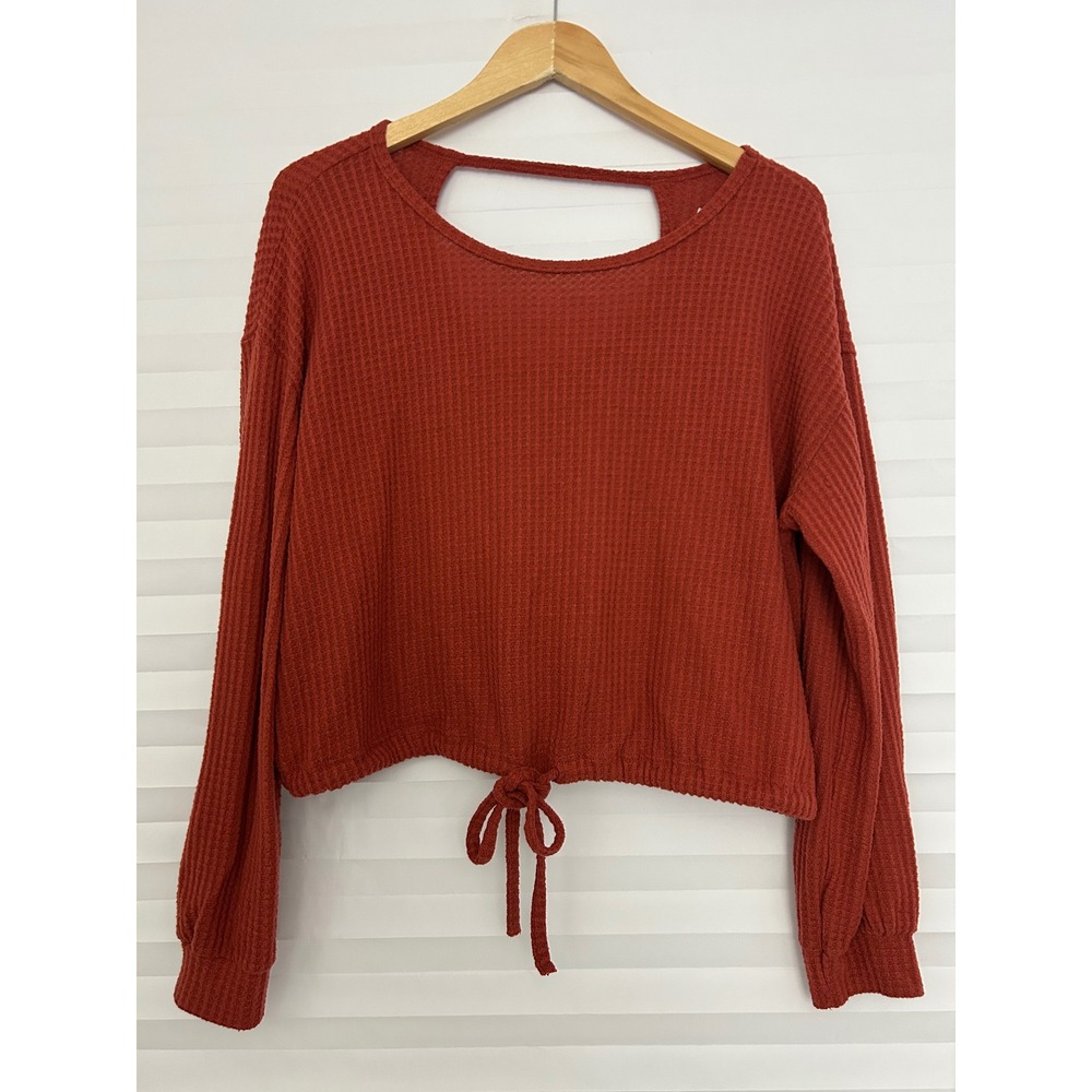 Hollister Rust Waffle Knit Open Back Tie Front Long Sleeve Boho Crop Top Small